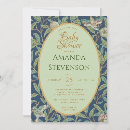 Babydusche Vögel Granatapfel Grüne Blätter Morris Einladung (Vorderseite)