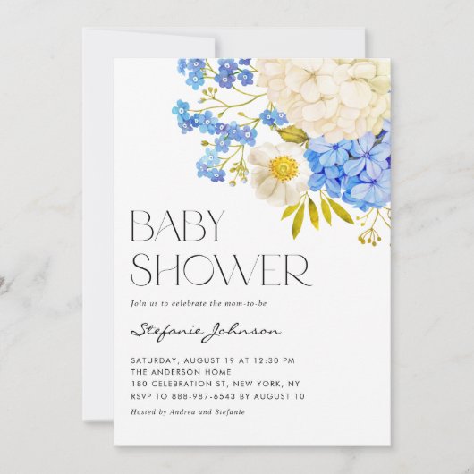 Babydusche von Boho Blue und White Hydrangeas Einladung (Vorderseite)