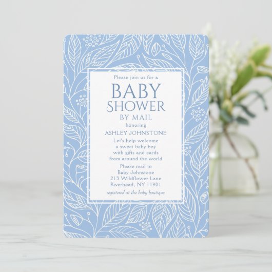 Babydusche von Mail Pastel blaues Blumenmuster Einladung (Stehend Vorderseite)