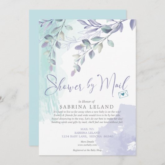 Babydusche von Mail Watercolor Lilac und Aquamarin Einladung (Vorne/Hinten)