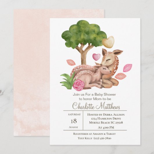 Babydusche von Mama und Baby Deer Forrest Animals Einladung (Vorne/Hinten)