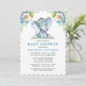Babydusche Wasserfarbe Blau Blütenlephant Einladung (Stehend Vorderseite)