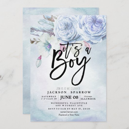 Babydusche Wasserfarbe Bohemische Blume und Federn Einladung (Vorne/Hinten)