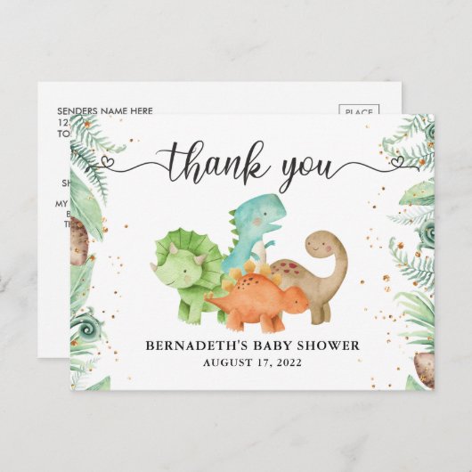 Babydusche Wasserfarbe Dinosaurier Danke Postcard Postkarte (Vorne/Hinten)