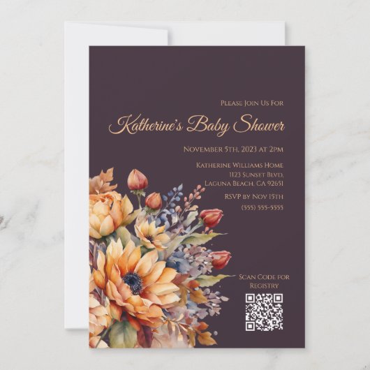 Babydusche Wasserfarbe Fall Blume Lila Einladung (Vorderseite)