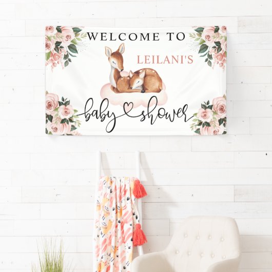 Babydusche Wasserfarbe Hirsche Rosa Blumengrün Wil Banner (Insitu)