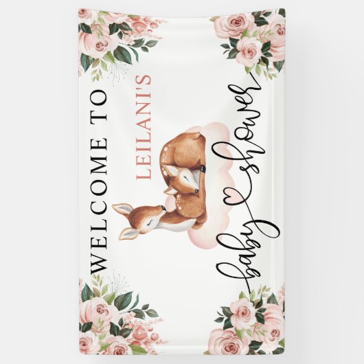 Babydusche Wasserfarbe Hirsche Rosa Blumengrün Wil Banner (Vertikal)