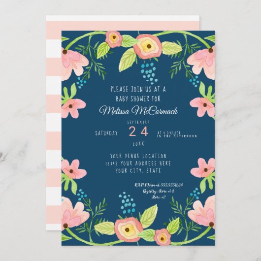 Babydusche Wasserfarbe Mädchen Moderne BOHO Blumen Einladung (Vorne/Hinten)