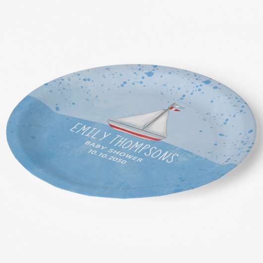 Babydusche Wasserfarbe Niedlich Whimsical Sailboat Pappteller (Schrägansicht)