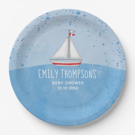 Babydusche Wasserfarbe Niedlich Whimsical Sailboat Pappteller (Vorderseite)