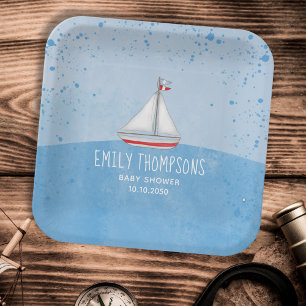 Babydusche Wasserfarbe Niedlich Whimsical Sailboat Pappteller