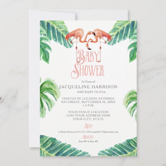 Babydusche Wasserfarbe Rosa Flamingo Leaf Streifen Einladung (Vorderseite)