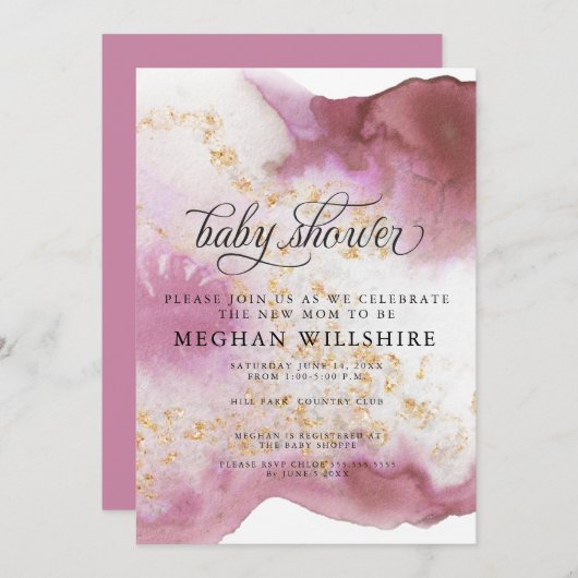 Babydusche Wasserfarbe Rose Quartz Gold Geode Einladung (Vorne/Hinten)