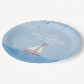 Babydusche Wasserfarbe Rustikale Moderne Segelboot Pappteller (Schrägansicht)