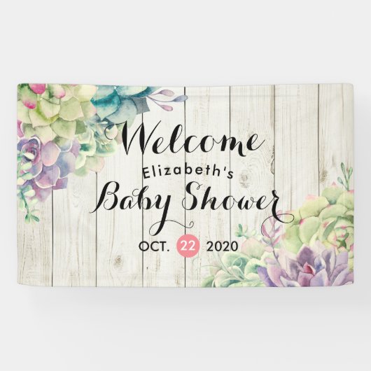 Babydusche Wasserfarbe Sukkulente Pflanze Weißholz Banner (Horizontal)