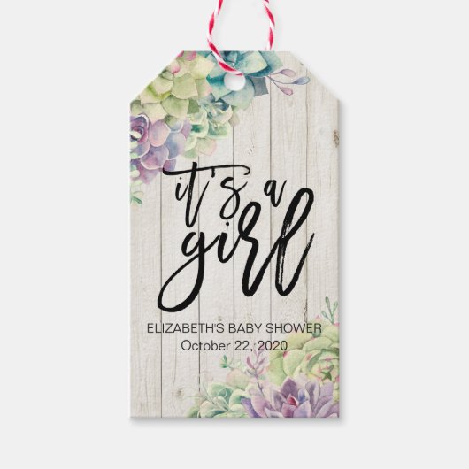 Babydusche Wasserfarbe Sukkulente Pflanze Weißholz Geschenkanhänger (Vorderseite)