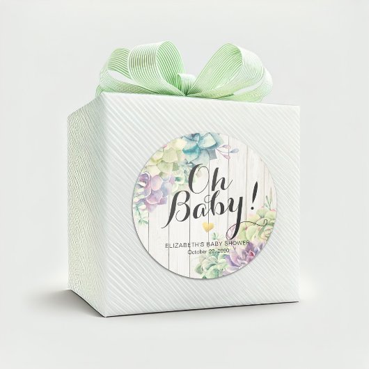 Babydusche Wasserfarbe Sukkulente Pflanze Weißholz Runder Aufkleber