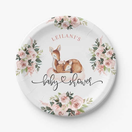Babydusche Wasserfarben Hirsche Rosa Blüte Pappteller (Vorderseite)