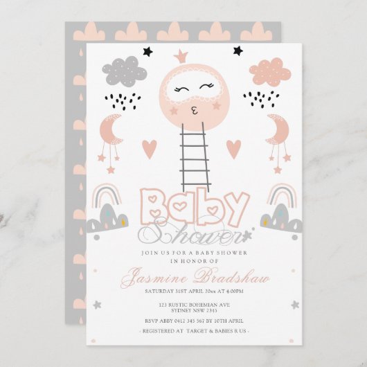 Babydusche Weg zum Mond Rosa Einladung (Vorne/Hinten)