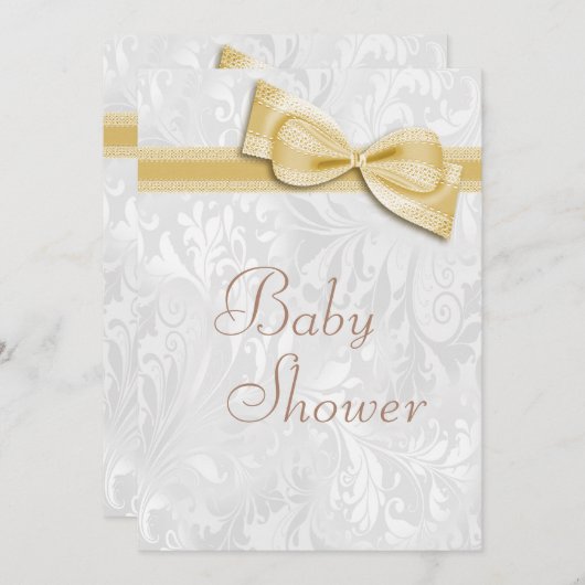 Babydusche Weiße Damasche und Imitat Bow Einladung (Vorne/Hinten)