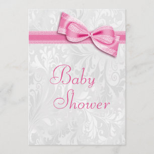 Babydusche Weiße Damast und Imitat Rosa Bow Einladung