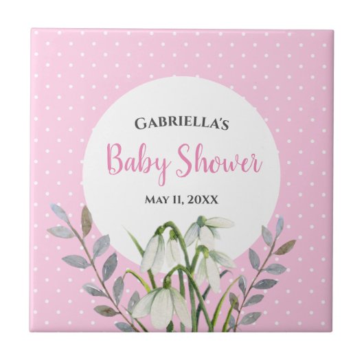 Babydusche weißer Schnee fällt rosa Polka Dots Fliese (Vorderseite)