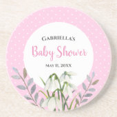 Babydusche weißer Schnee fällt rosa Polka Dots Getränkeuntersetzer (Vorne)