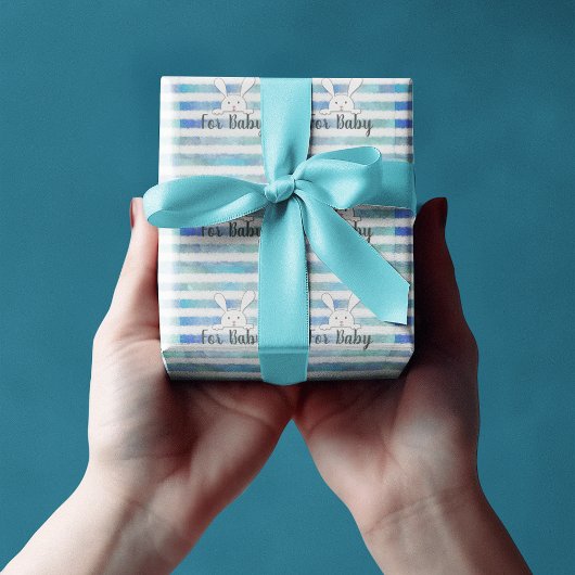 Babydusche Weißes Kaninchen Blauer Streifen Geschenkpapier