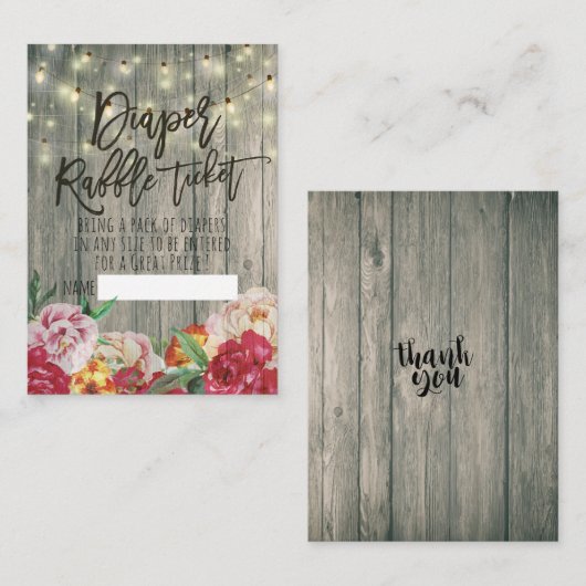 Babydusche Windeln Raffle Ticket Blume Holz Light Begleitkarte (Vorne/Hinten)