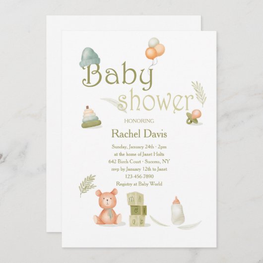 Babyduschelemente in Aquarellfarben Einladung (Vorne/Hinten)