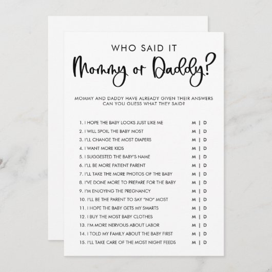 Babyduschenspiel Mommy oder Daddy Einladung (Vorne/Hinten)