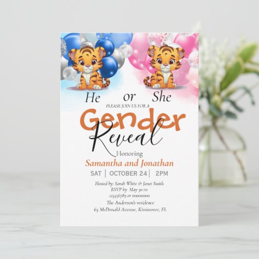 Babyduschgeschlecht offenbart rosa und blaue Balko Ankündigung (Stehend Vorderseite)