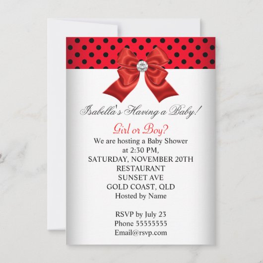 Babyduschgeschlecht zeigt rote Schwarz-weiße Punkt Einladung (Rückseite)