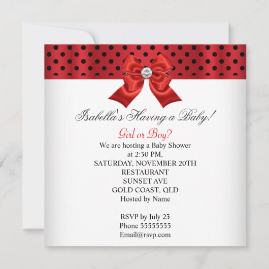 Babyduschgeschlecht zeigt rote Schwarz-weiße Punkt Einladung (Rückseite)