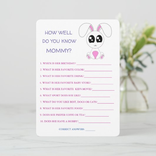 Babyduschhase, wie gut kennen Sie Mama? Einladung (Stehend Vorderseite)