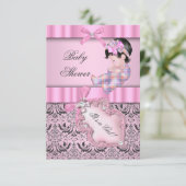 Babyduschmädchen Damask Pink Grau Einladung (Stehend Vorderseite)