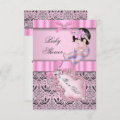 Babyduschmädchen Damask Pink Grau Einladung (Vorne/Hinten)