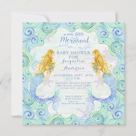 Babyduschmädchen Meerjungfrau Wasserfarbe Waves Ho Einladung (Vorderseite)