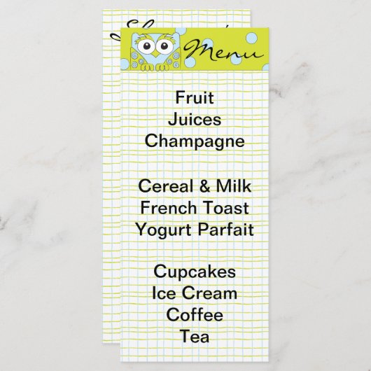 Babyduschmenü "Blue Owl" Menükarte (Vorne/Hinten)