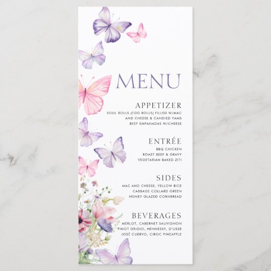 Babyduschmenü mit Schmetterlingen Menükarte (Vorderseite)