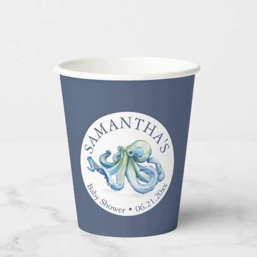 Babyduschpapier Cups Boy Blue Octopus Pappbecher (Vorderseite)