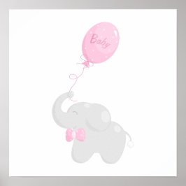 Babyduschplakat mit Elefanten und rosa Ballon Poster