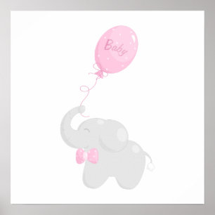 Babyduschplakat mit Elefanten und rosa Ballon Poster