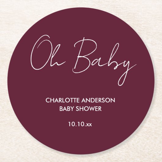 Babyduschskript modern bordeauxfarben runder pappuntersetzer (Vorderseite)