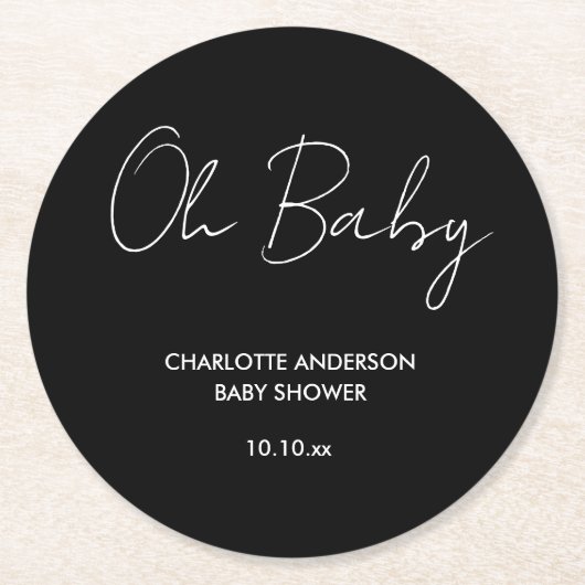 Babyduschskript, modern schwarz und weiß runder pappuntersetzer (Vorderseite)