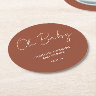Babyduschskript, modern terracotta braun, elegant runder pappuntersetzer