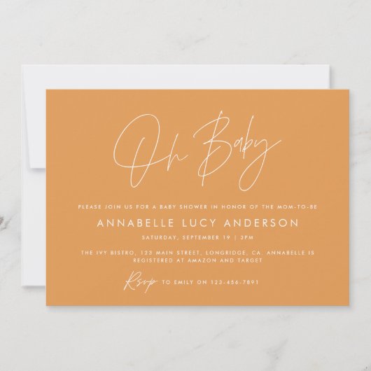 Babyduschskript, modernes orangefarbenes Foto Einladung (Vorderseite)