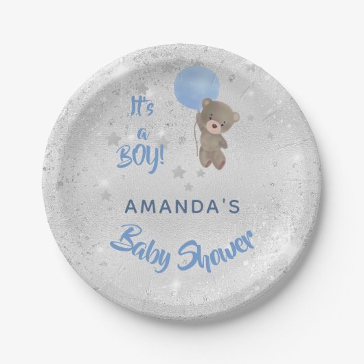 Babyduschtedys Bärenjunge mit silberblauem Namen Pappteller (Vorderseite)