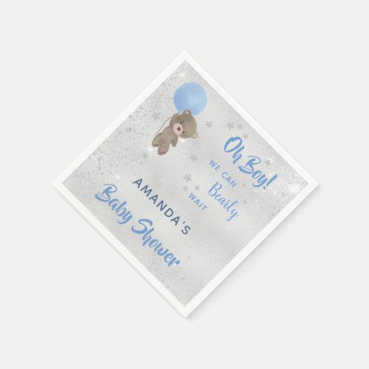 Babyduschtedys Bärenjunge mit silberblauem Namen Serviette (Ecke)