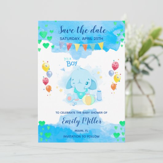 Babyelefantendusche Save the Date (Stehend Vorderseite)